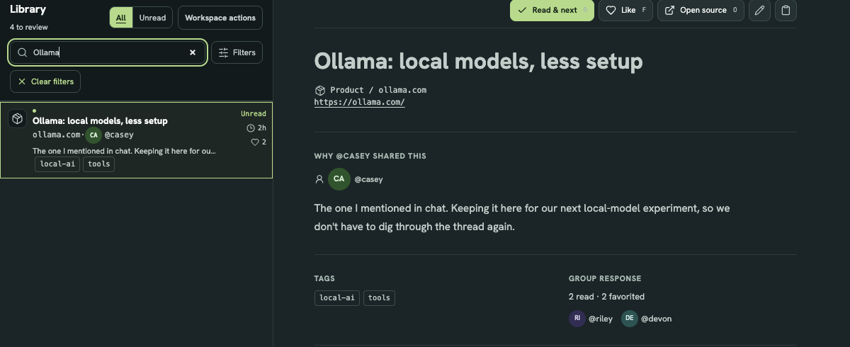 A search for Ollama in the actual Subnet app finds the saved link and Casey's original contributor note.